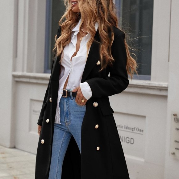 Black Casual Womens Lapel Neck Double Breasted Overcoat - Picture 4 of 5